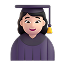 Emoji de uma mulher sorridente vestindo beca e capelo de formatura roxos.