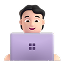 Emoji de uma pessoa com cabelo curto e preto, sorrindo enquanto usa um laptop roxo.