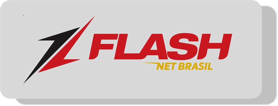 Logotipo da Flash Net Brasil com um raio estilizado em preto e vermelho ao lado do nome em letras vermelhas e amarelas.